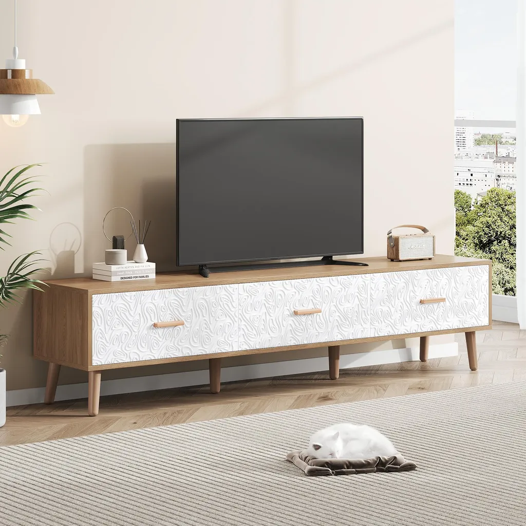 Merax Lowboard TV in Legno Chiaro | Stile Retrò e Moderno 3 Cassetti