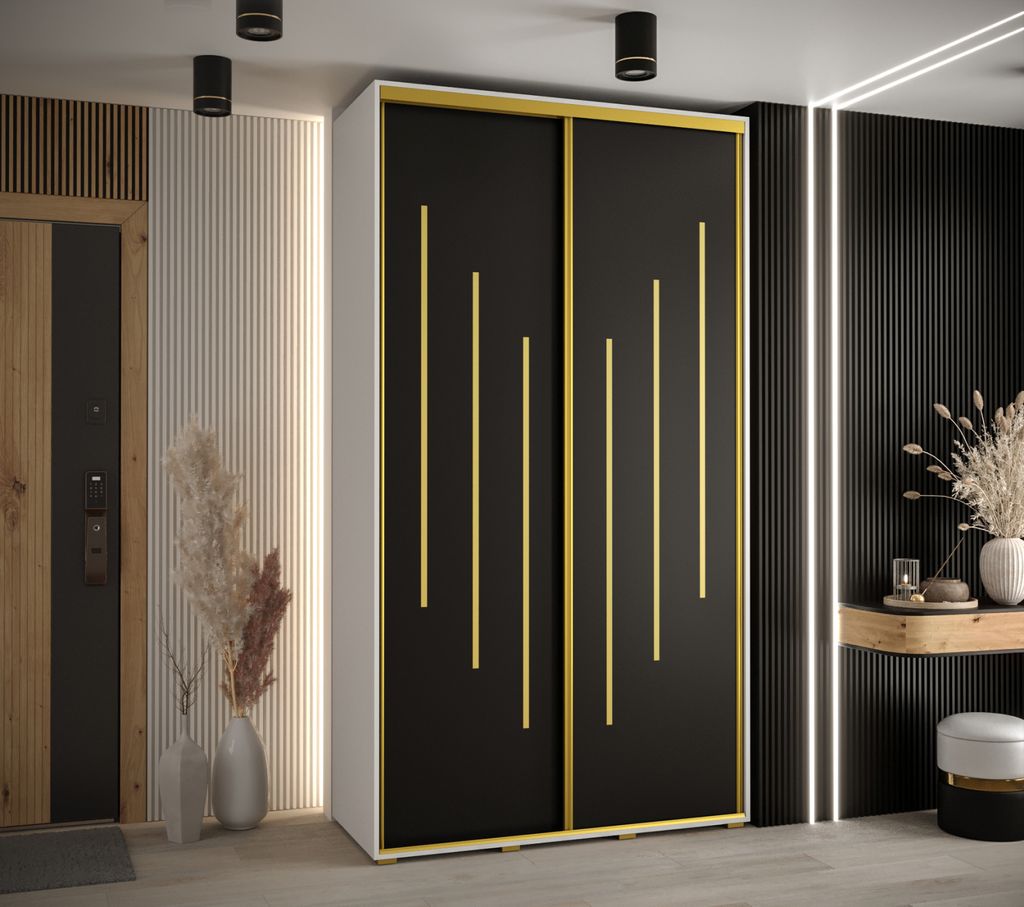 Kleiderschrank YVONA 8 – 130/45 cm, weiß/schwarz/gold