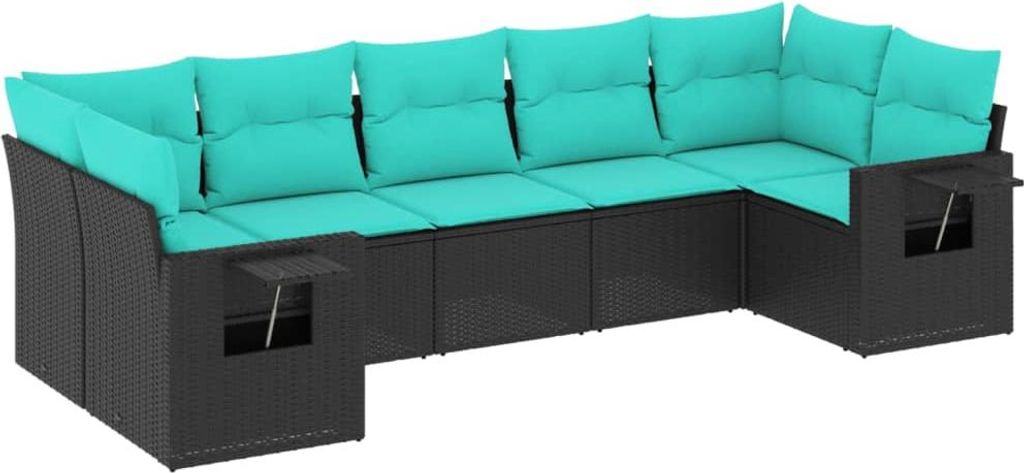 7-teiliges Gartensofa-Set mit Kissen, schwarzes Polyrattan
