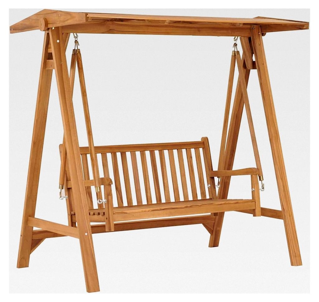 Hollywoodschaukel, 174 cm Massivholz Schaukelbank aus Teakholz mit verstellbarem Dach, Gartenbank für Terrasse und Garten