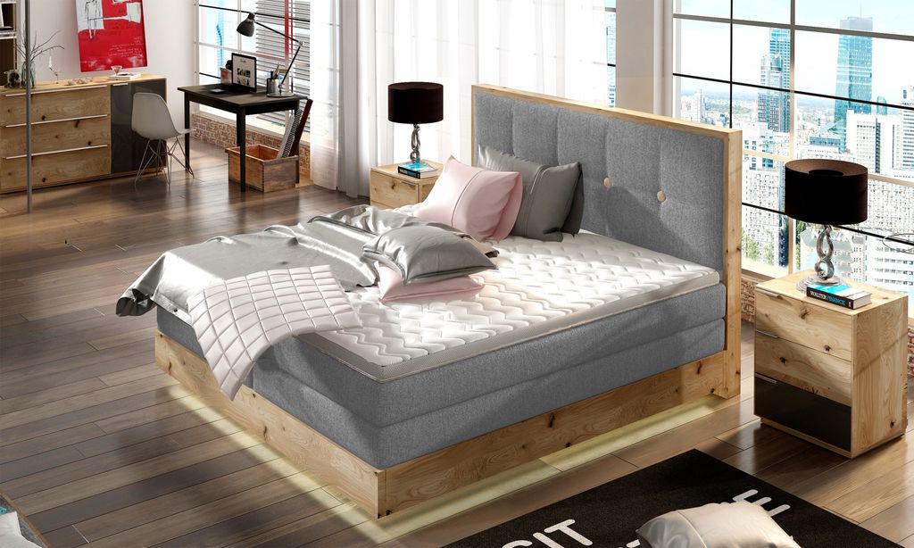 Schlafzimmer Bett Boxspringbett Mit Bettkasten, 7-Zonen Taschenfederkernmatratze, Premium Kaltschaum-Topper, Massives Eichenholzgestell, Hohe Liege...