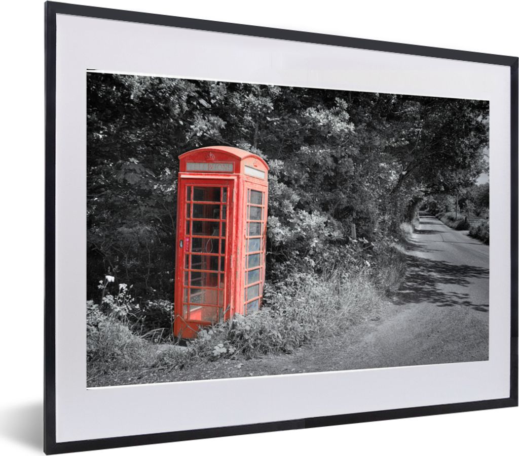 MuchoWow MuchoWow Gerahmtes Poster Schwarz-Weiß-Foto einer roten und britischen Telefonzelle im Vereinigten Königreich 60x40 cm - Poster mit ...