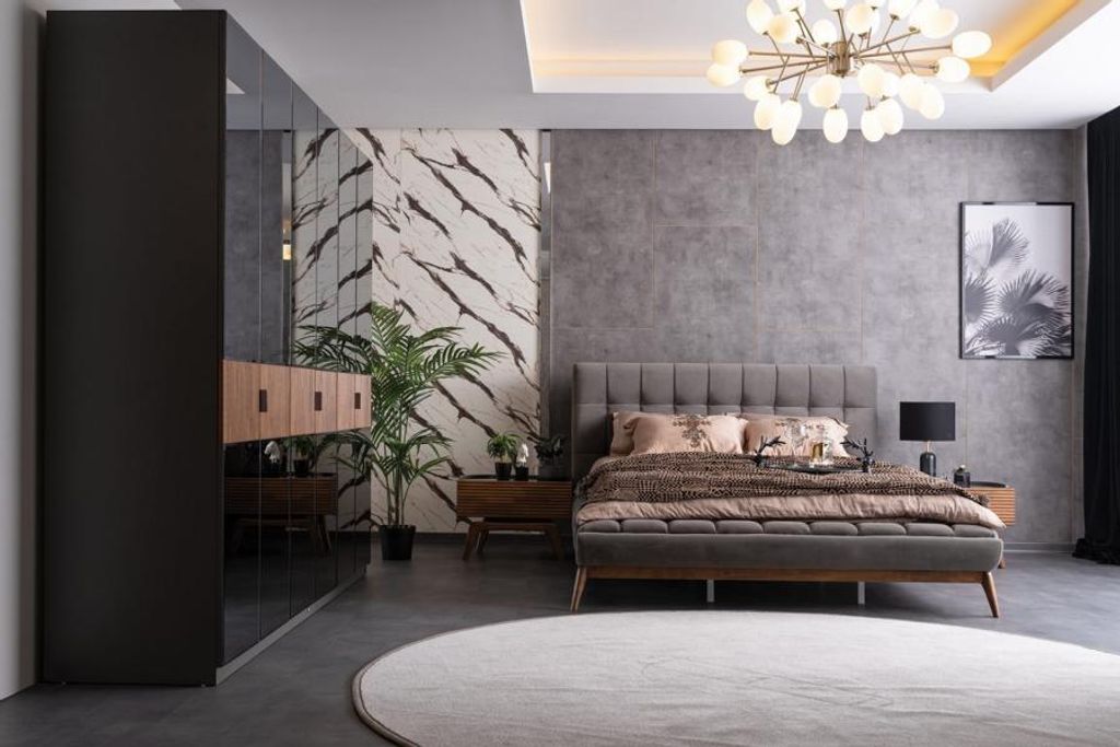 Bett 2x Nachttische Kleidershrank Verspiegelt Doppelbett Schlafzimmer Set