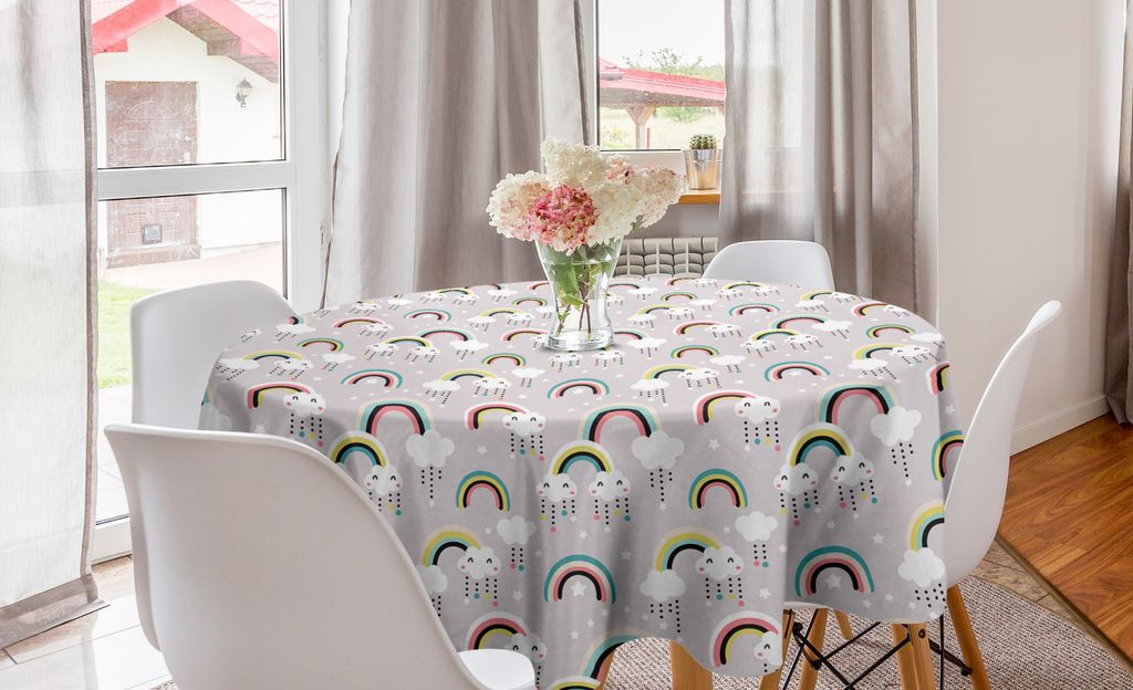 ABAKUHAUS Gekritzel Runde Tischdecke, Surreal Wolken Regenbogen-Sterne, Kreis Tischdecke Abdeckung für Esszimmer Küche Dekoration, 150 cm, Mehrfa...