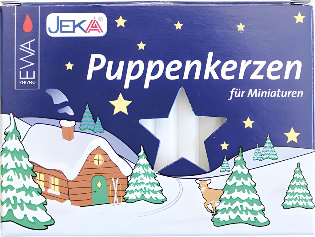 A box of white doll candles with a winter scene illustration.