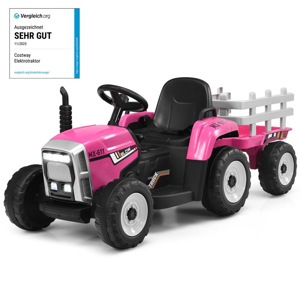COSTWAY 12V třírychlostní traktor s odpojitelným přívěsem a Obrázek produktu 