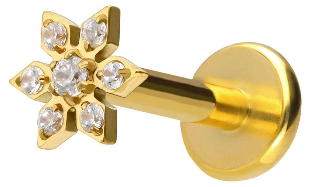 Ohrpiercing, Nasenpiercing Titan Labret mit Push Fit KRISTALLBLUME Gold Stablänge: 10mm | Stabstärke: 1,2mm