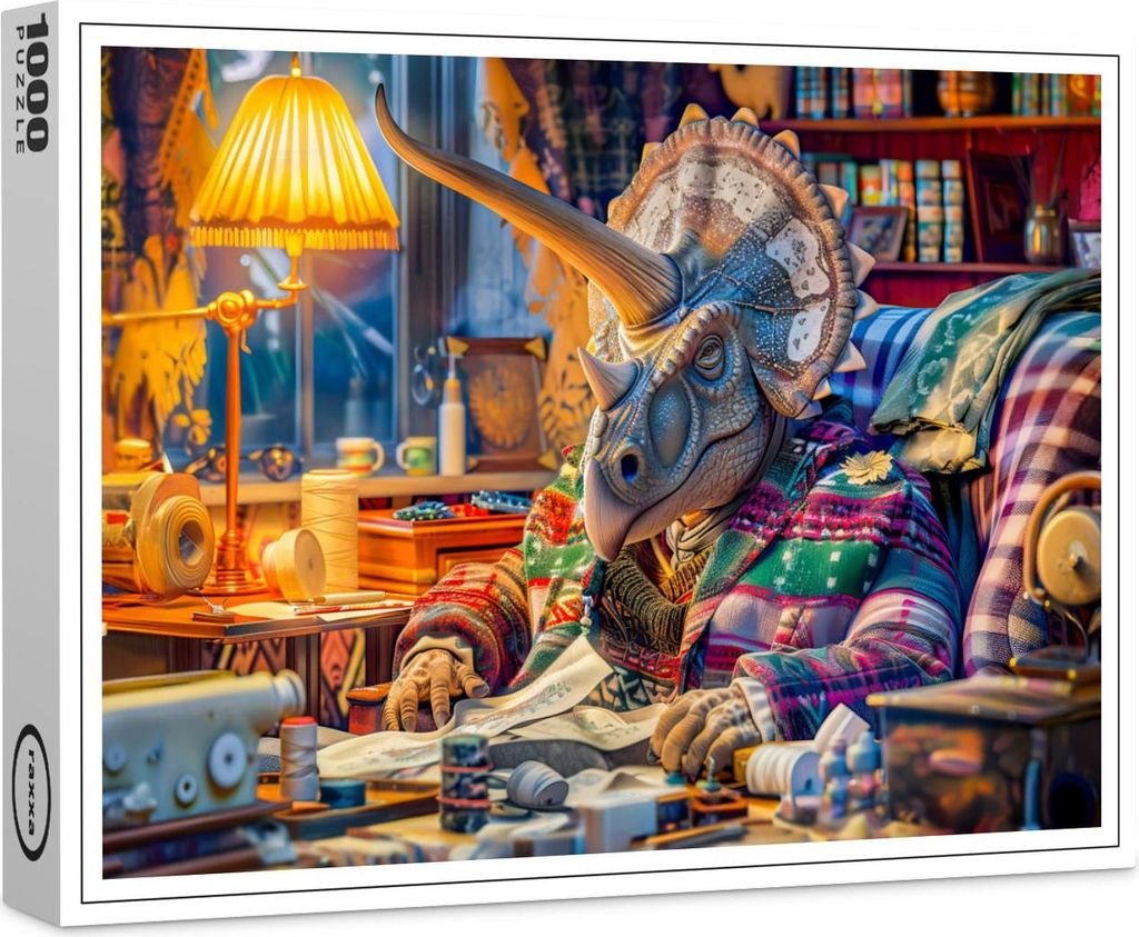 raxxa Premium-Puzzle "Knitting Triceratops in a Cozy Armchair", 1000 Teile