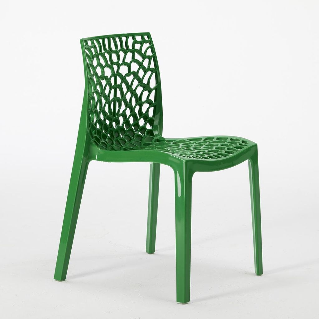 A green plastic chair with a patterned back and seat, shown against a white background.