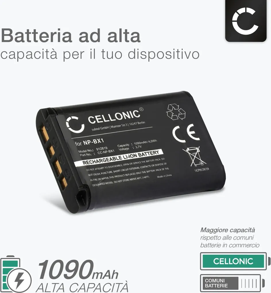 CELLONIC, Batteria per Fotocamera, compatibile con Sony NP-BX1, ZV-1, HDR-CX405 (3.7V, 1090mAh) 2 Pezzi + Caricabatterie - 2