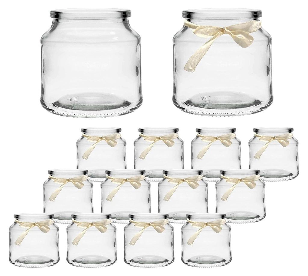 12er Set Teelichtgläser aus Glas – Kleine Windlichter H 7 cm mit cremefarbenem Band – Teelichthalter für Tischdekoration und Hochzeiten