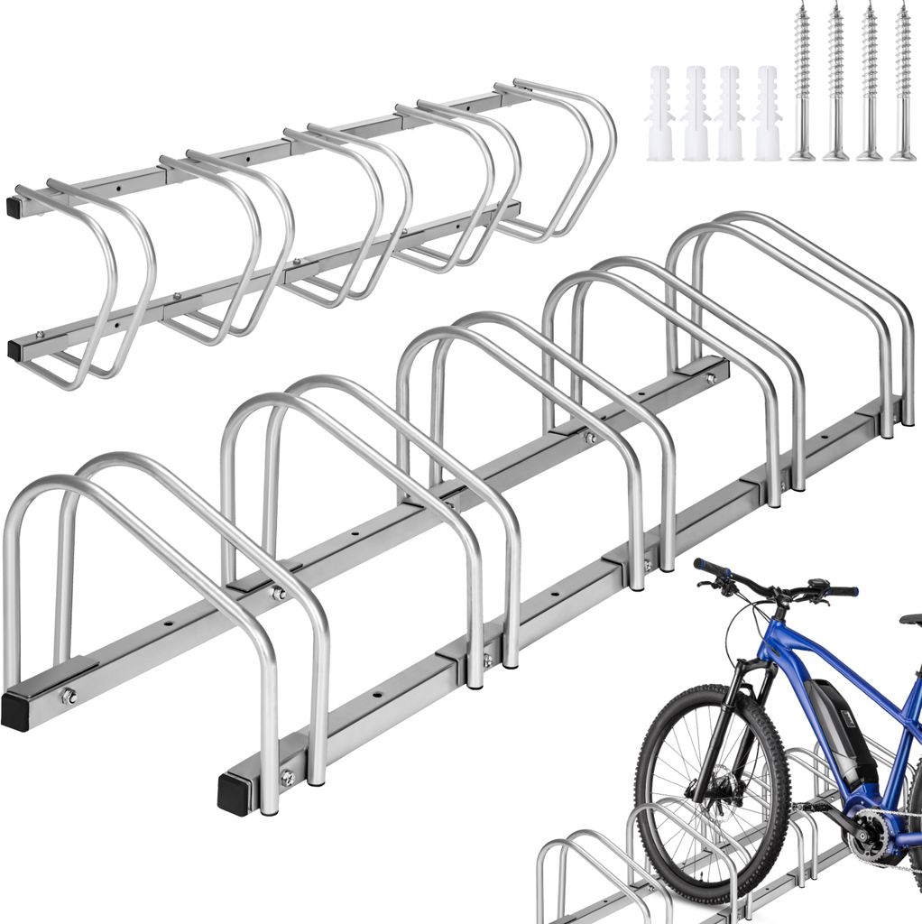 Two bike racks and a blue electric bicycle are shown against a white background. The bike racks are made of metal and are designed to hold multiple bicycles. One rack is positioned above and behind the other. The bicycle is in the foreground, to the right,