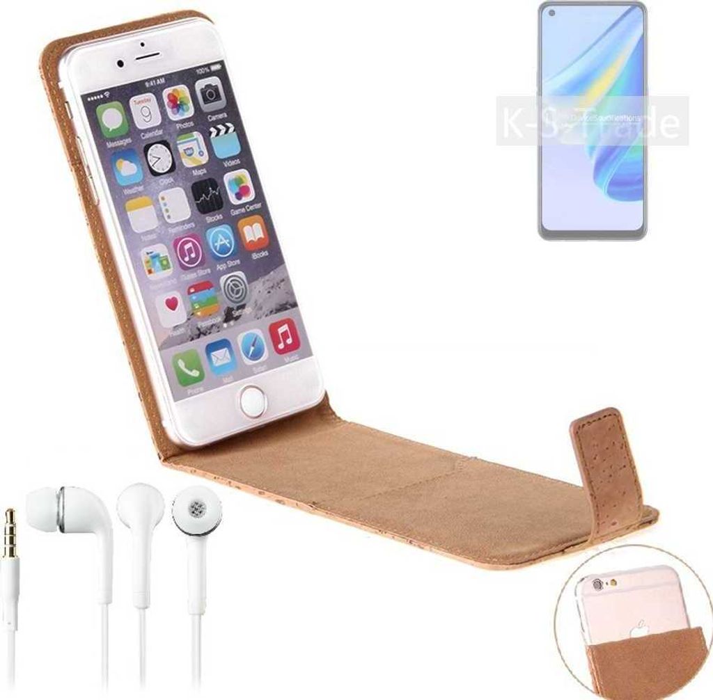 K-S-Trade Schutzhülle mit Kopfhörer kompatibel mit Oppo Reno6 Lite Handyhülle Cover Kork Tasche Flipstyle Case