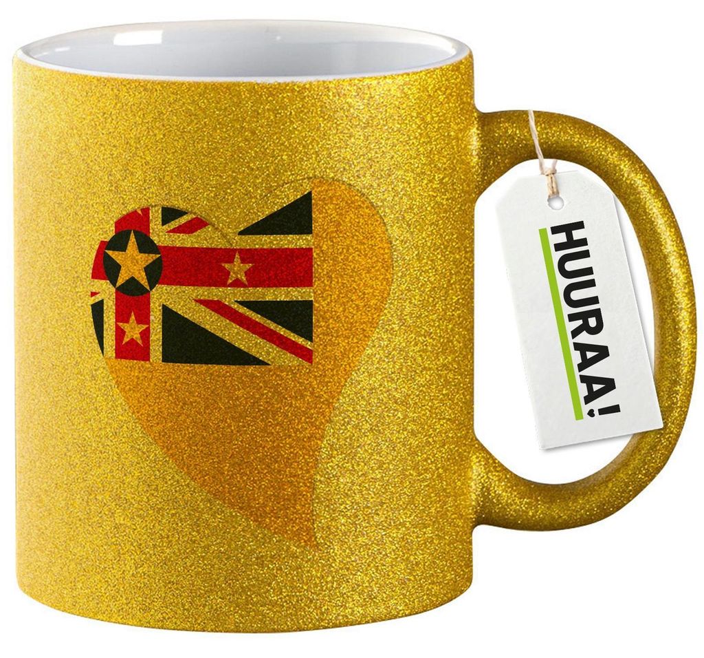 Huuraa Glitzertasse Niue Flagge Herz 330ml Gold Keramik Kaffeebecher Geschenkidee