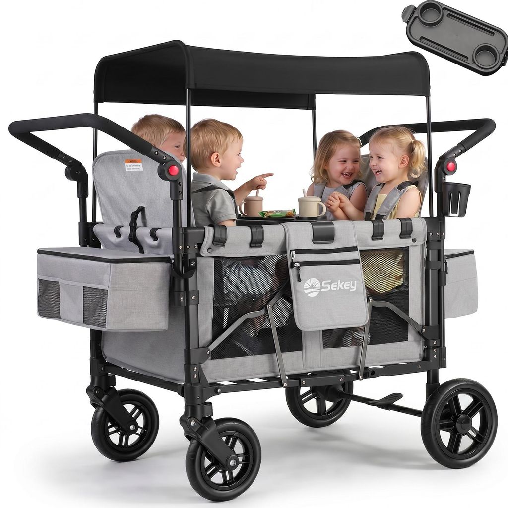 Sekey Faltbarer Bollerwagen mit Dach, Kinderwagen für 2-4 Kinder, 4 Sitzer Zwillingskinderwagen mit 4 integrierten 5-Punkt-Gurtsystem, Grau