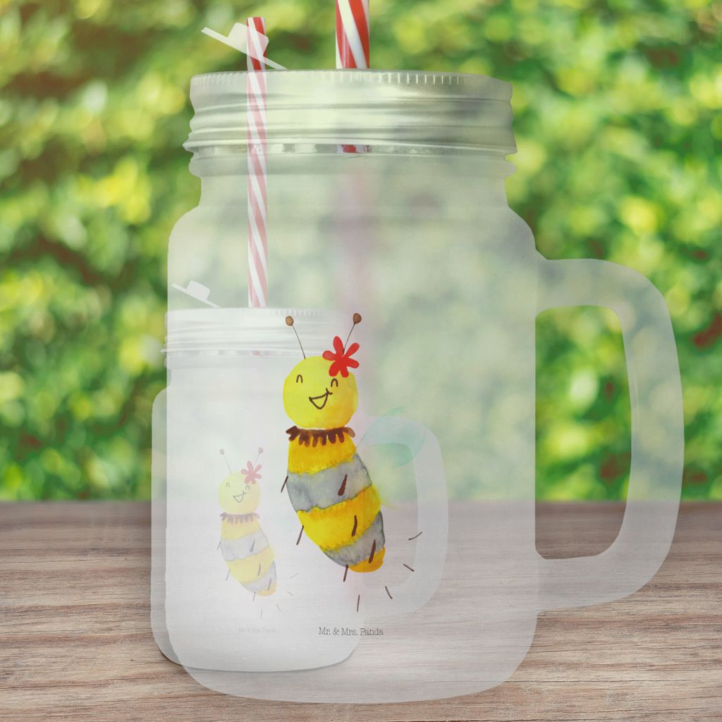 Mr. & Mrs. Panda Glas Biene Blume - Transparent - Geschenk, Mit Strohhalm, Becher, Cocktailglas, Trinkglas, Mason Jar