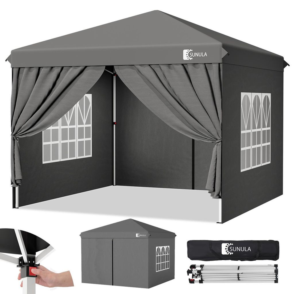 A gray pop-up canopy tent with side panels and windows, shown from the front, with smaller inset images showing assembly and a packed tent.