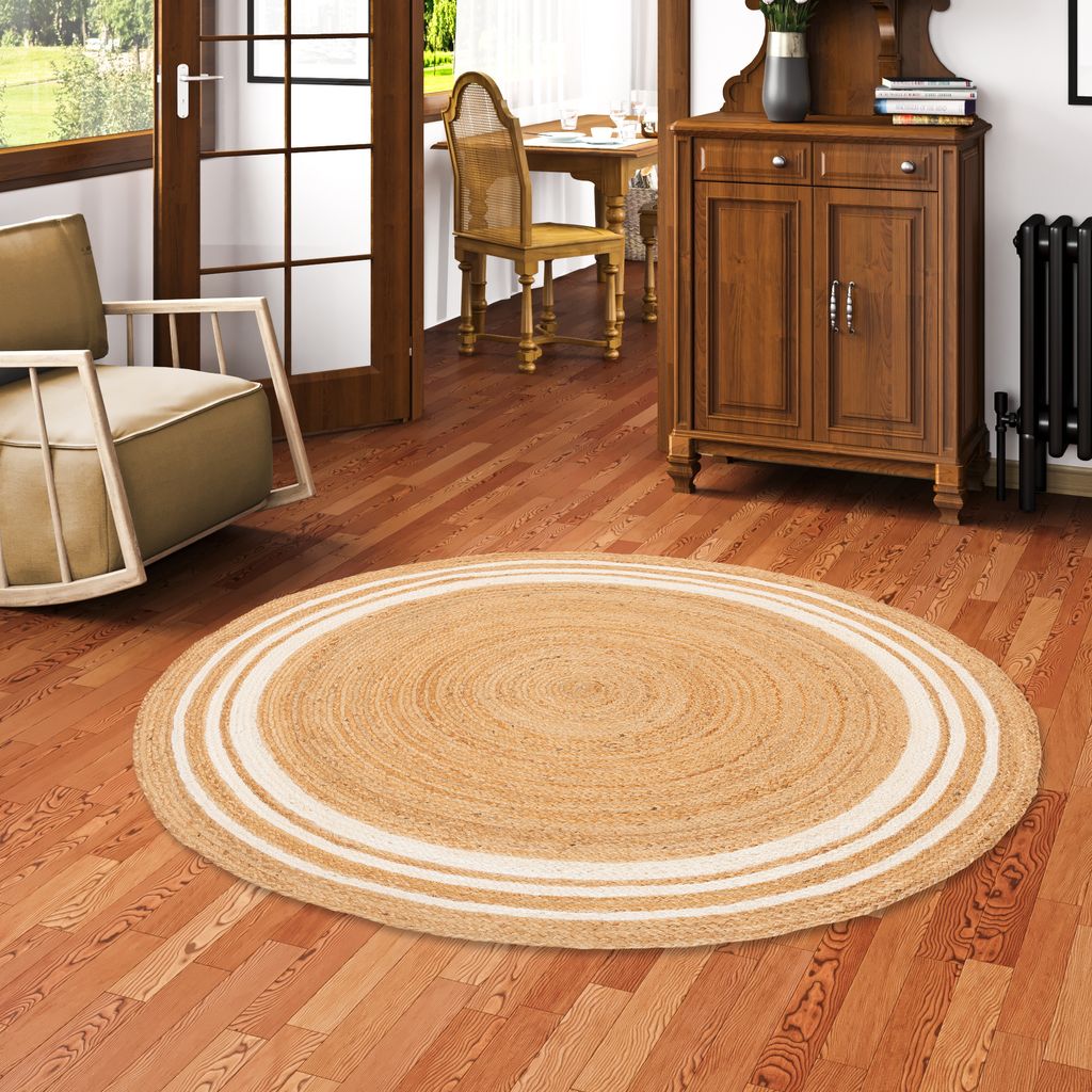 Naturfaser Teppich Handgefertigt Jute Salsa Creme Beige Streifen Rund, Größe:100 cm Rund
