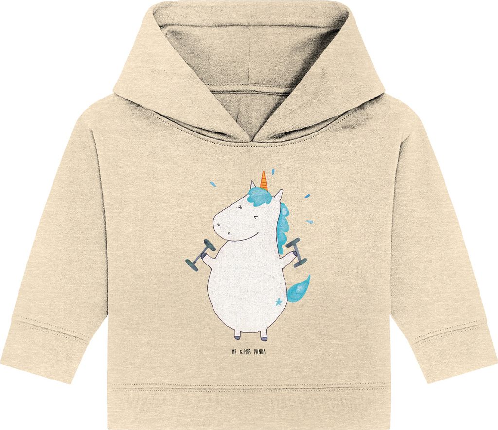 Mr. & Mrs. Panda Organic Baby Hoodie Einhorn Fitness 24. - 36. Monat - Natural Raw - Geschenk, Sport, Kapuzensweatshirt, Fitnessstudio, Gym, Kapuze...