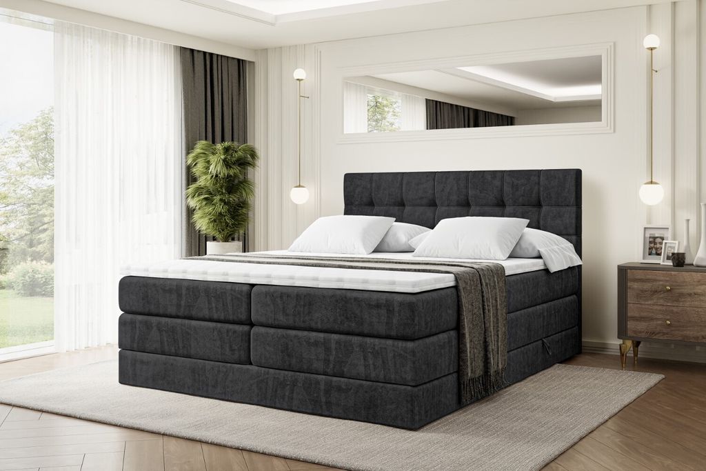ALTDECOR Boxspringbett mit 2 Matratzen und Topper- 140x200 cm - BERO KING - Schwarz Samt - Polsterbett mit, H3- und H4- Matratzen, Bettkasten und L...