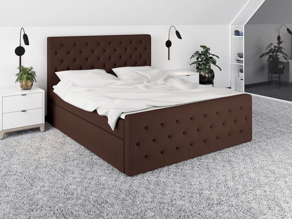 Boxspringbett LULI 200 x 200 mit 2 Bettkästen, Bonell-Matratze und Topper. Farbe: Braun