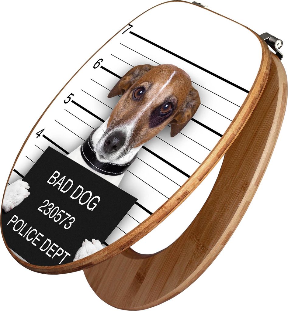 banjado Design WC Sitz Bambus 44x38x5cm - Bad Dog Jack Russel - Toilettendeckel/Toilettensitz Bambus - hochwertiger Bambus Klodeckel/WC-Sitz mit Un...