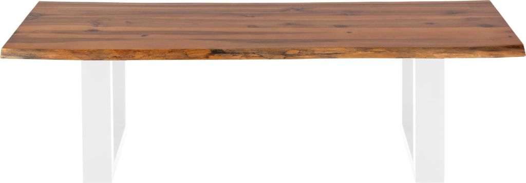 Esszimmerbank 120x40 cm Dallas, Akazienholz cognacfarben, Massive Holzbank mit echter Baumkante, Baumkantenbank mit U-Gestell Weiß, Sitzbank mit 2...