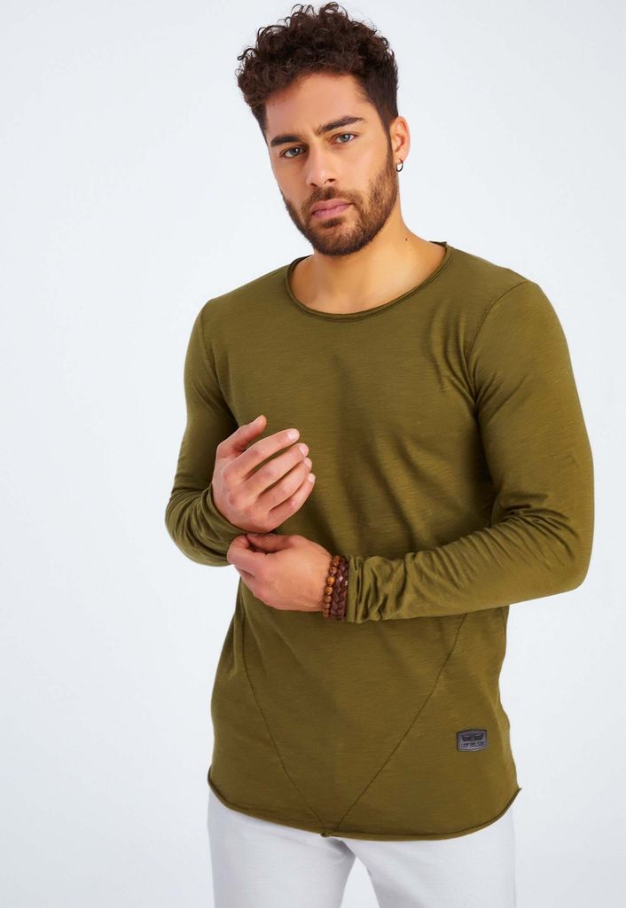 Leif Nelson Rundhals Herren Longsleeve Rundhals LN-6302, Khaki / M