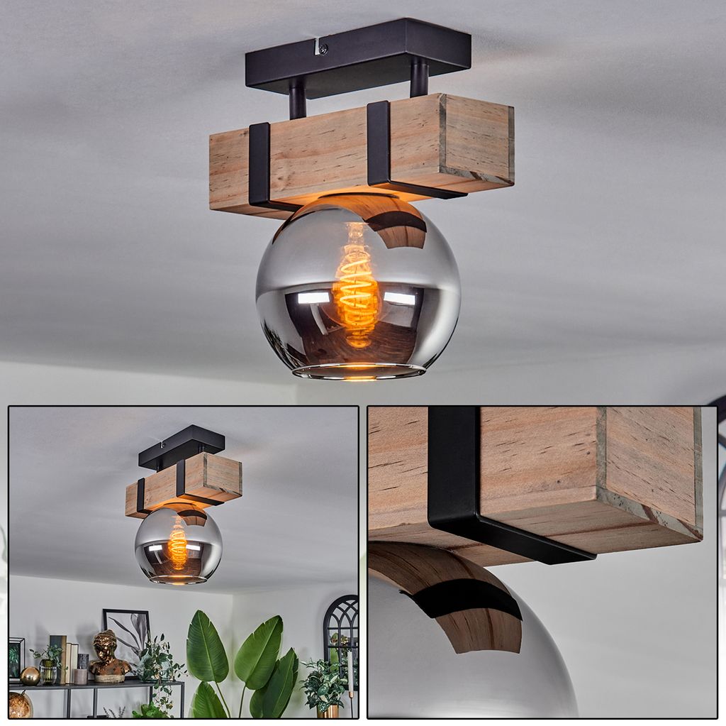 Bollengo Deckenlampe aus Metall/Holz /Glas in Schwarz/Natur/Chromfarben