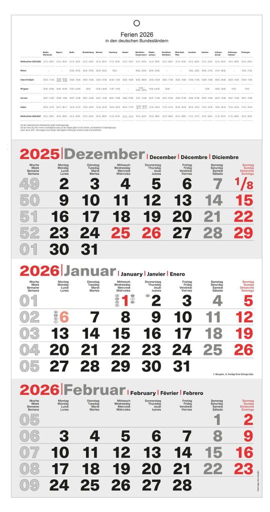2026 ADINA Dreimonatskalender B4 mit Schulferien Produktbild 