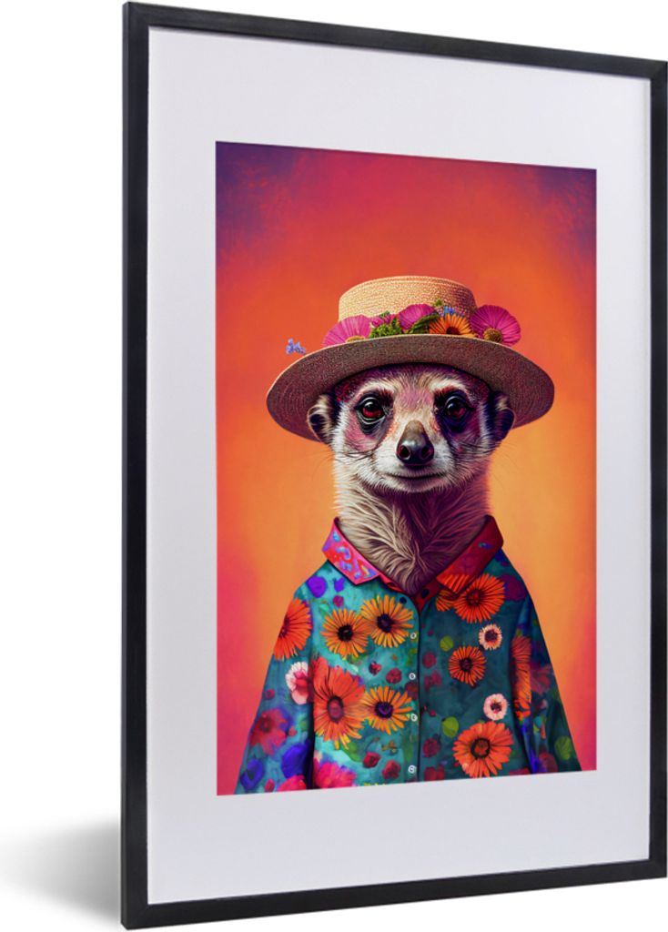 MuchoWow Gerahmtes Poster Erdmännchen - Blumen - Hut - Tiere - Porträt 40x60 cm - Poster mit Schwarzem Bilderrahmen Wandposter Rahmen Foto Bild...