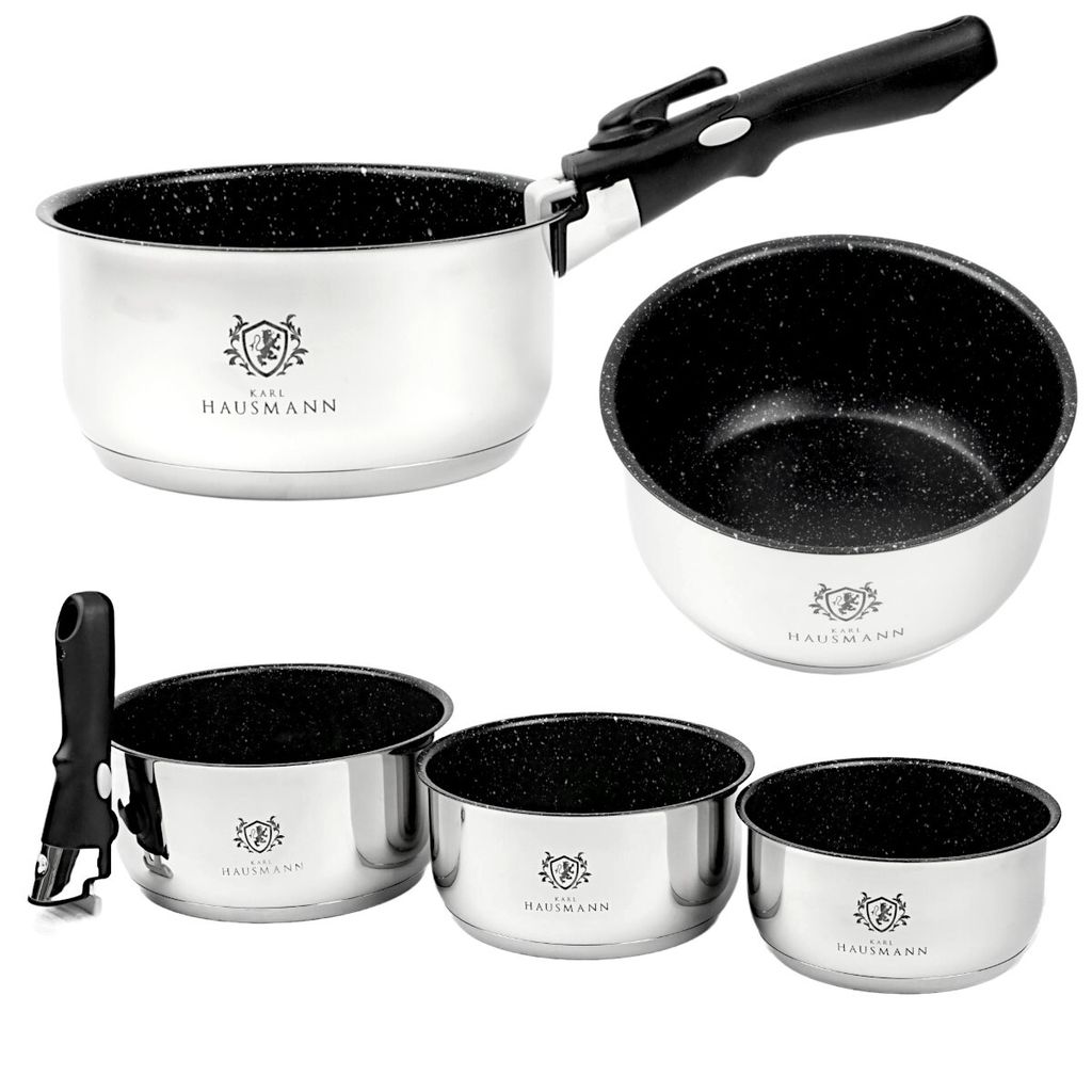 A set of stainless steel pots with black speckled interiors and removable black handles, arranged on a white background.