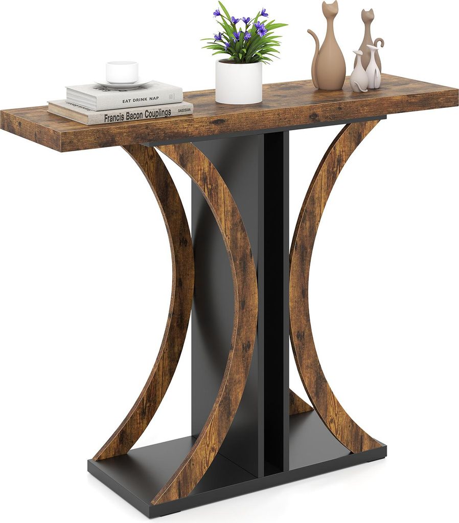 COSTWAY Konsolentisch, 100 cm Flurtisch schmal, Sofatisch mit Metallgestell, Einganstisch Holz für Wohnzimmer, Flur & Eingangsbereich, Braun