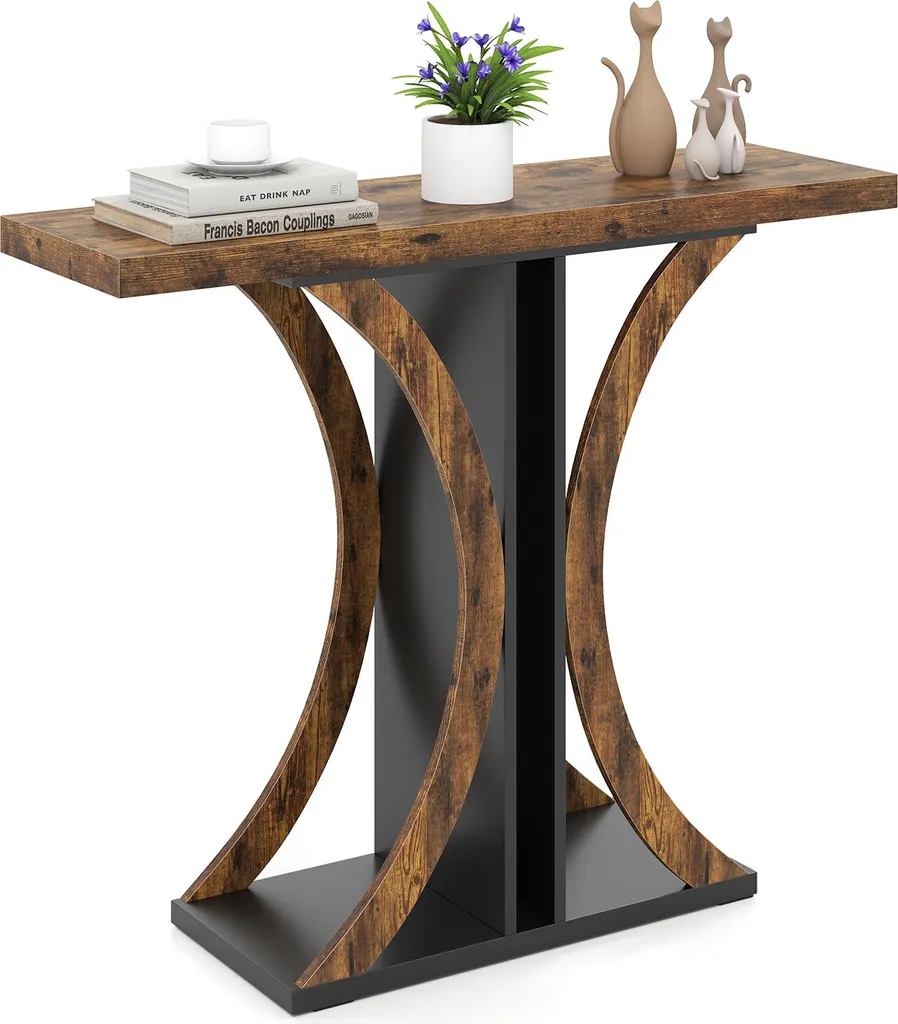 Console bois et métal structure robuste, table basse étroite marron