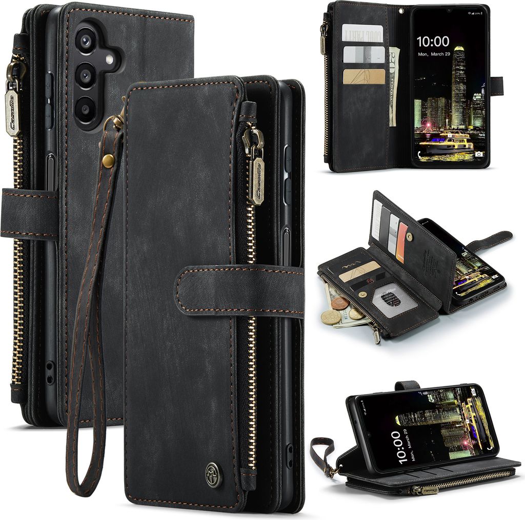 Collage of a black leather wallet-style phone case with a zipper and card slots, shown from different angles and with a phone inside.
