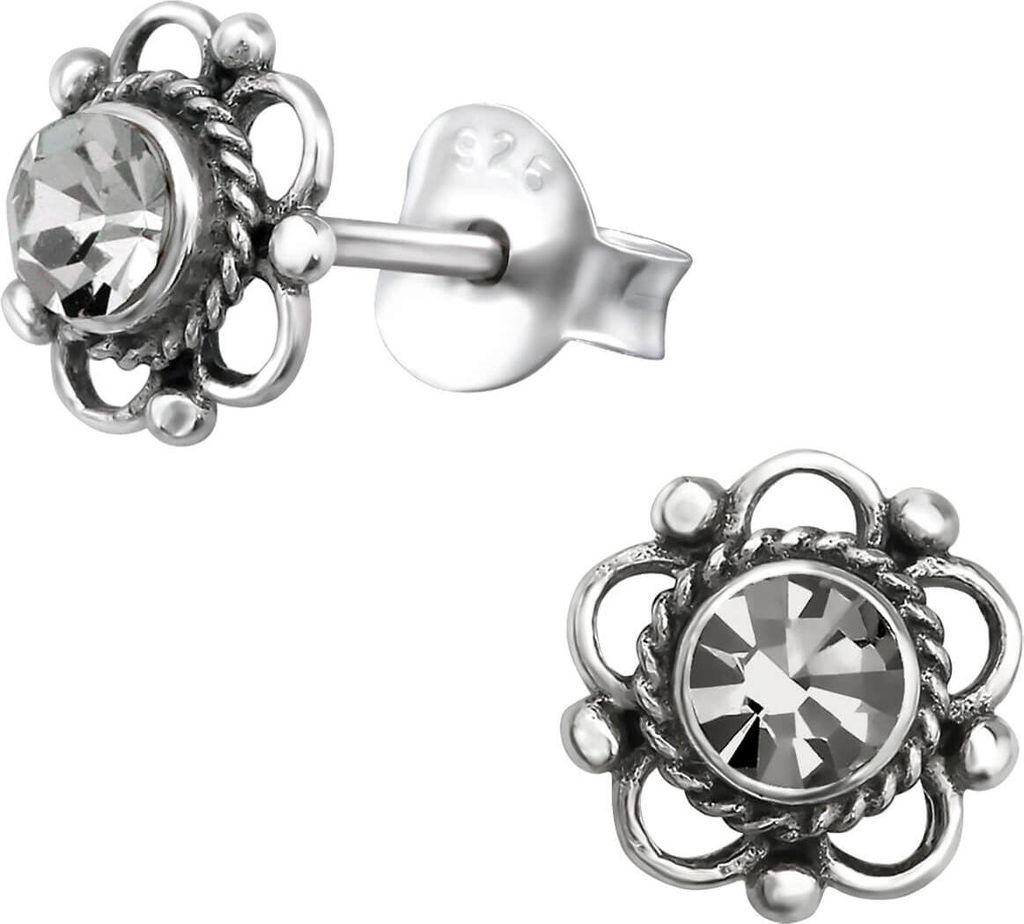 Ohrringe Ohrstecker 925 Sterling Silber Blume mit Kristall in verschiedenen Farben Farbe - Grau