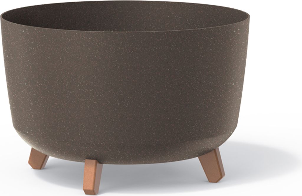 A brown planter pot with three wooden legs on a white background.