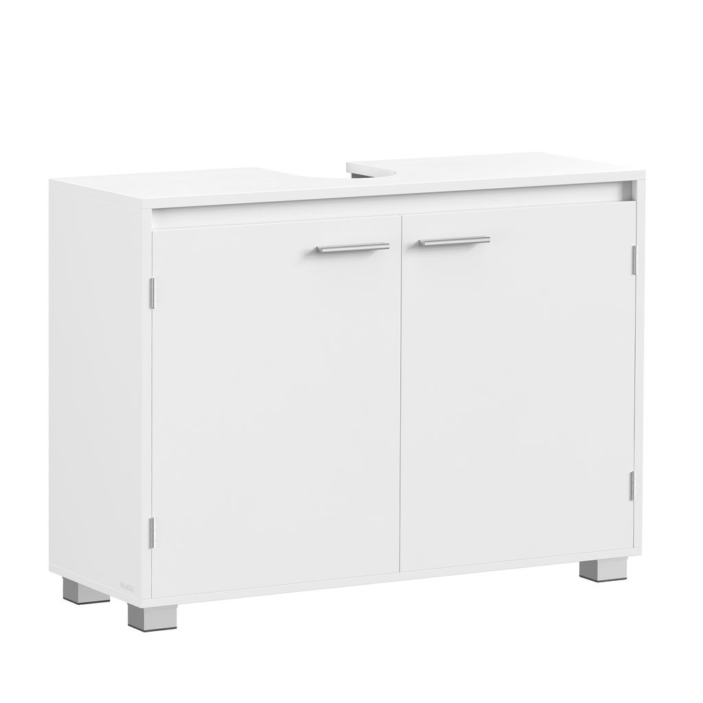 A white bathroom vanity cabinet with two doors and silver handles, shown against a white background.