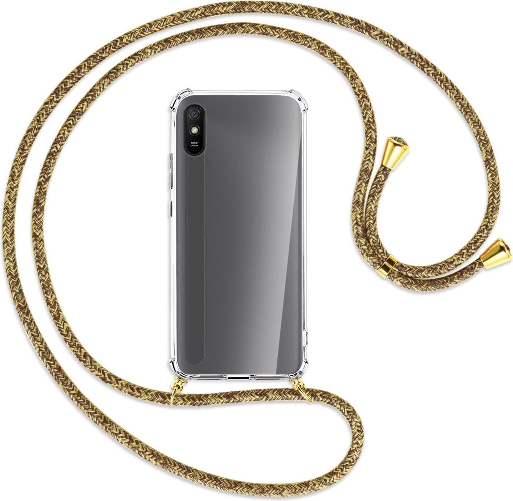 Handykette Backcover-Schutzhülle mit Band (Metall goldfarben) für Xiaomi Redmi 9A - braun+beige
