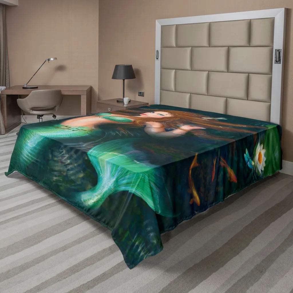 Drap de lit 266 x 260 cm Vert Jade motif Lac Enchanté doux et soyeux