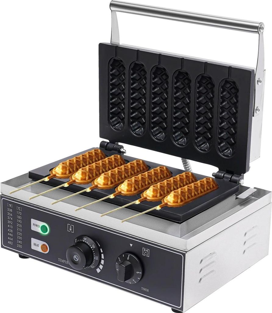 Corn Dog & Hotdog Waffeleisen - HYX-119 - 6 Formen - 1500 W - Temperatur 50–300 °C - Timer 0–5 Min - Antihaft-Platten - EU-Stecker