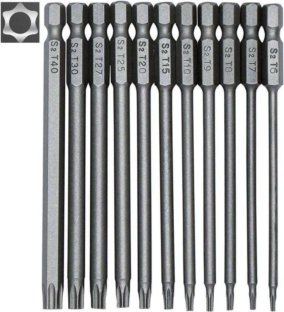 Spiel mit 11 langen Torx-Bohrlöchern für elektrische Antriebe und elektrisches Visier - Magnetische Bohrlöcher - 1/4"-Sechskant - Größe T6 bis...