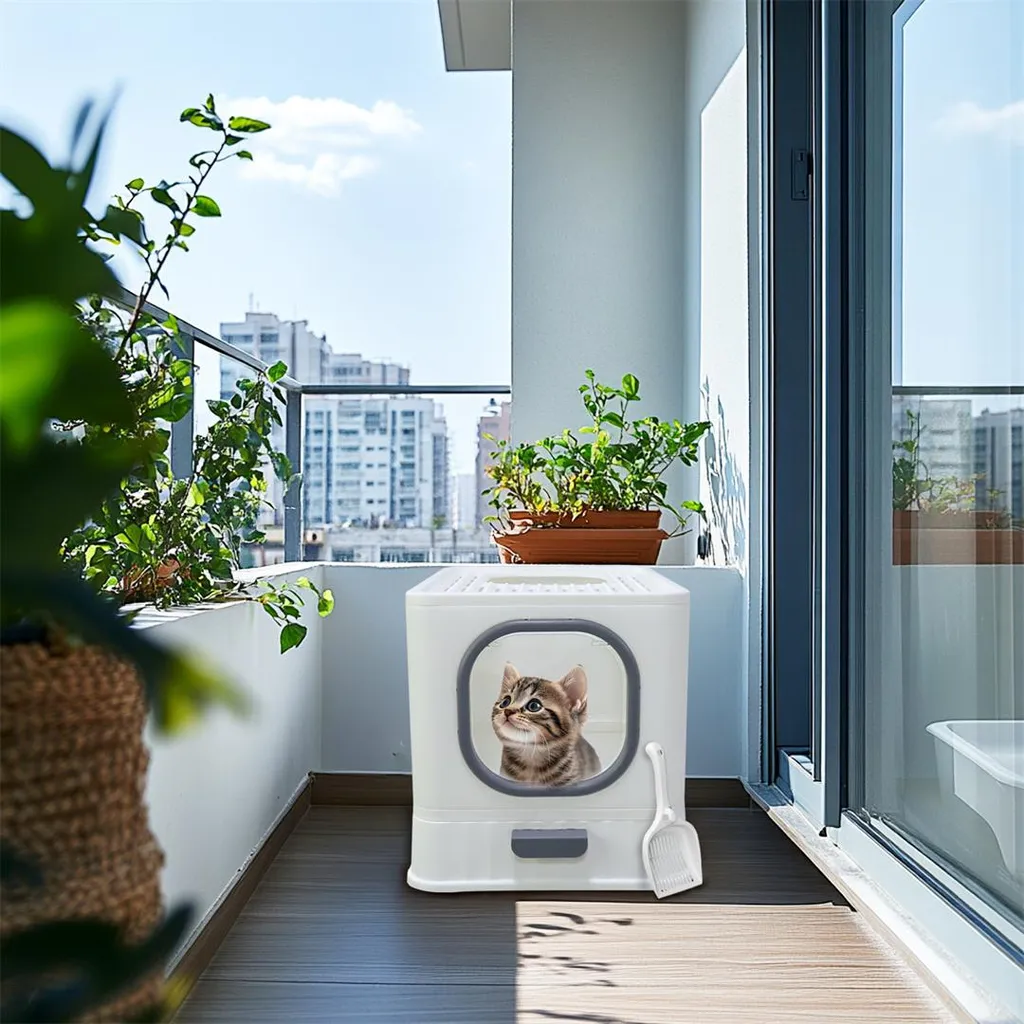 Litière pour chat blanc et gris M, solution idéale pour appartement