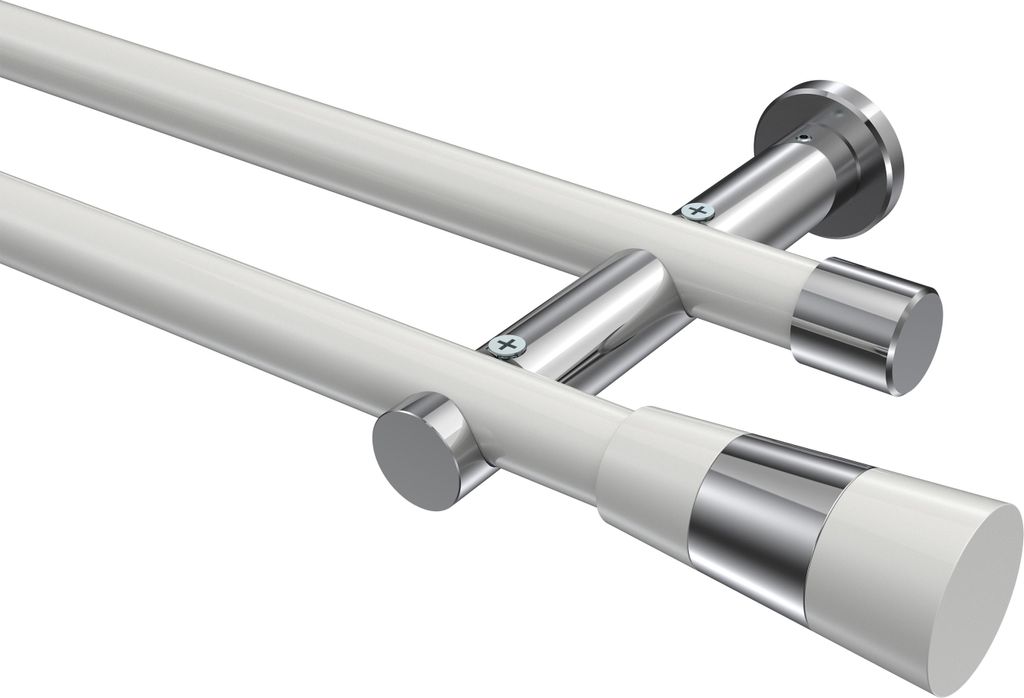 Interdeco Gardinenstange / Vorhangstange Weiß / Chrom, Typ Platon Tanara (Konus Bicolor) ohne Ringe, 20 mm Ø 2-läufig, 260 cm