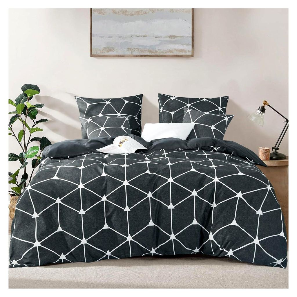 Bettwäsche 200x220 3-teilig Anthrazit - Bettbezug 200 x 220 Set mit geometrischem Muster, Bettwäsche-Set 220x200 aus Mikrofaser mit Reißverschlu...