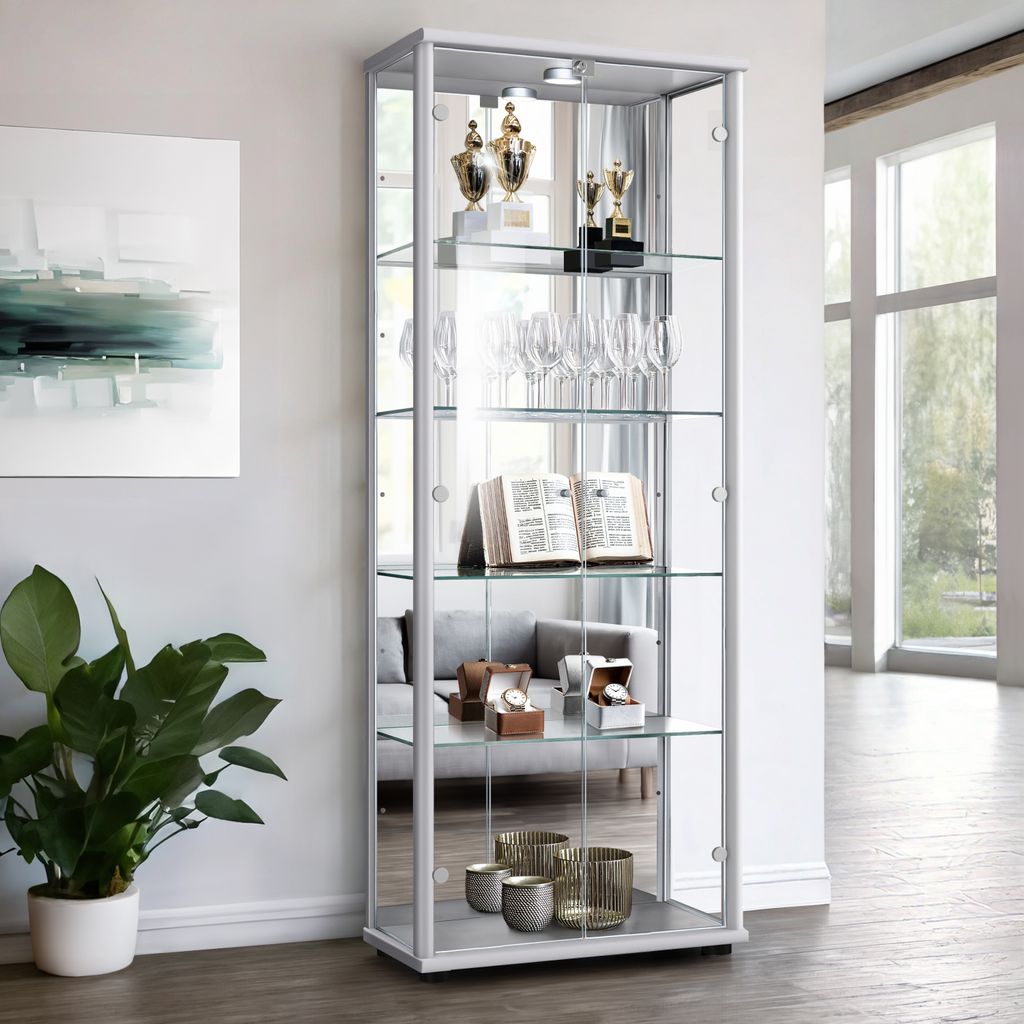 K-Möbel Glasvitrine stehend in Alu / Silber (176x67x33 cm) mit 4 höhenverstellbaren Glasböden, Spiegel, Schloss & LED - Standvitrine - Vitrinens...
