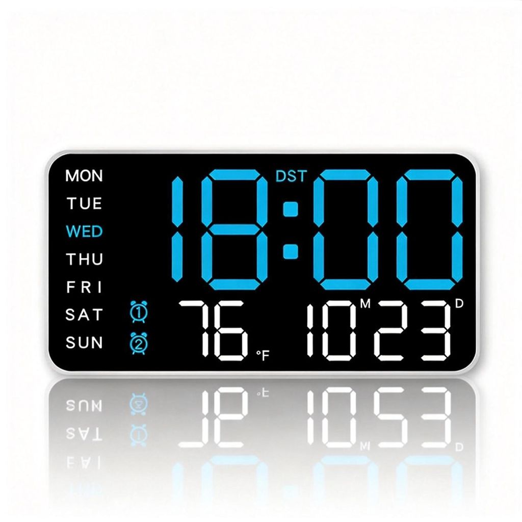 LED-Digital-Wanduhr mit Wecker, Temperatur-, Datumsanzeige, Sommerzeit, & Helligkeitsregelung, 21,5×11×2,7 cm, für Zuhause, Schlafzimmer & Büro