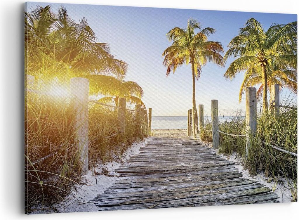 Bild auf Leinwand - Leinwandbild - Einteilig - Strand Palmen Fußgängerbrücke - 100x70cm - Wand Bild - Wanddeko - Wandbilder - Leinwanddruck - Bi...