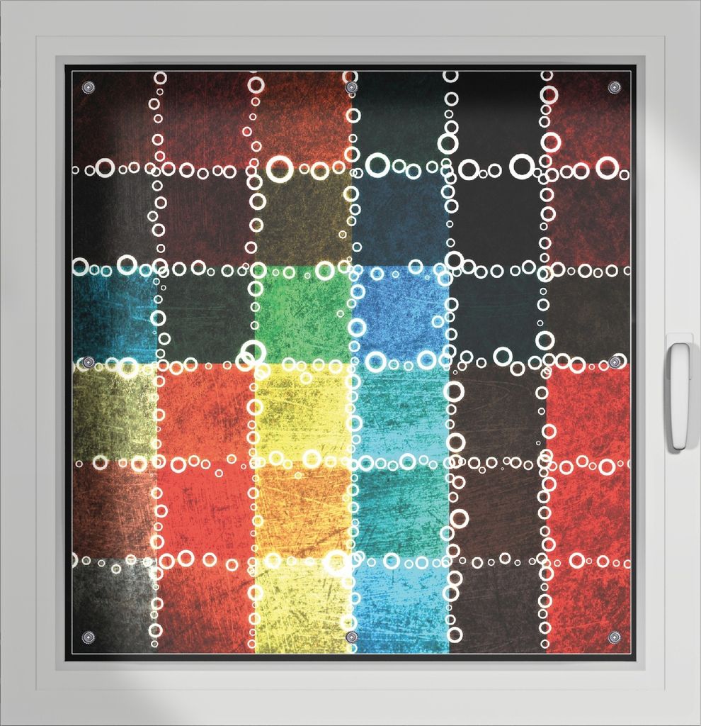 Wallario Lichtschutzbild, Dekorativer Sichtschutz Sonnenschutz 96 x 100 cm mit Motiv: Buntes Patchwork-Muster mit Kreisen - Verdunklung ohne Bohren