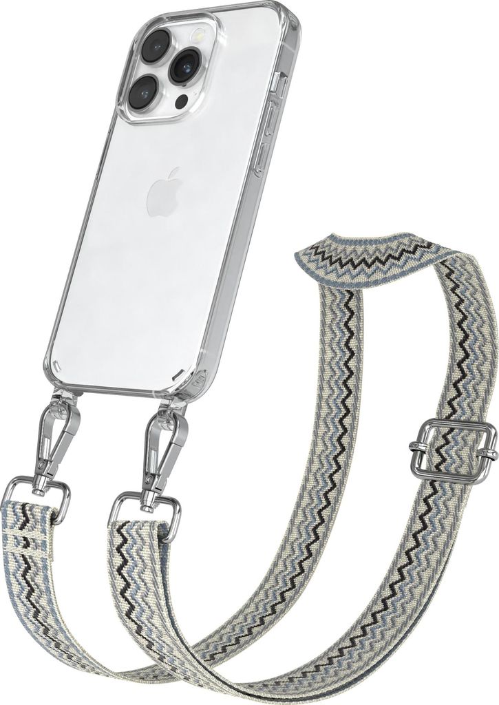 Apple iPhone 14 Pro Chain Eyelets Slim Neck Strap Set Wave Style 07 Beige/Blue 03 Metall Silver